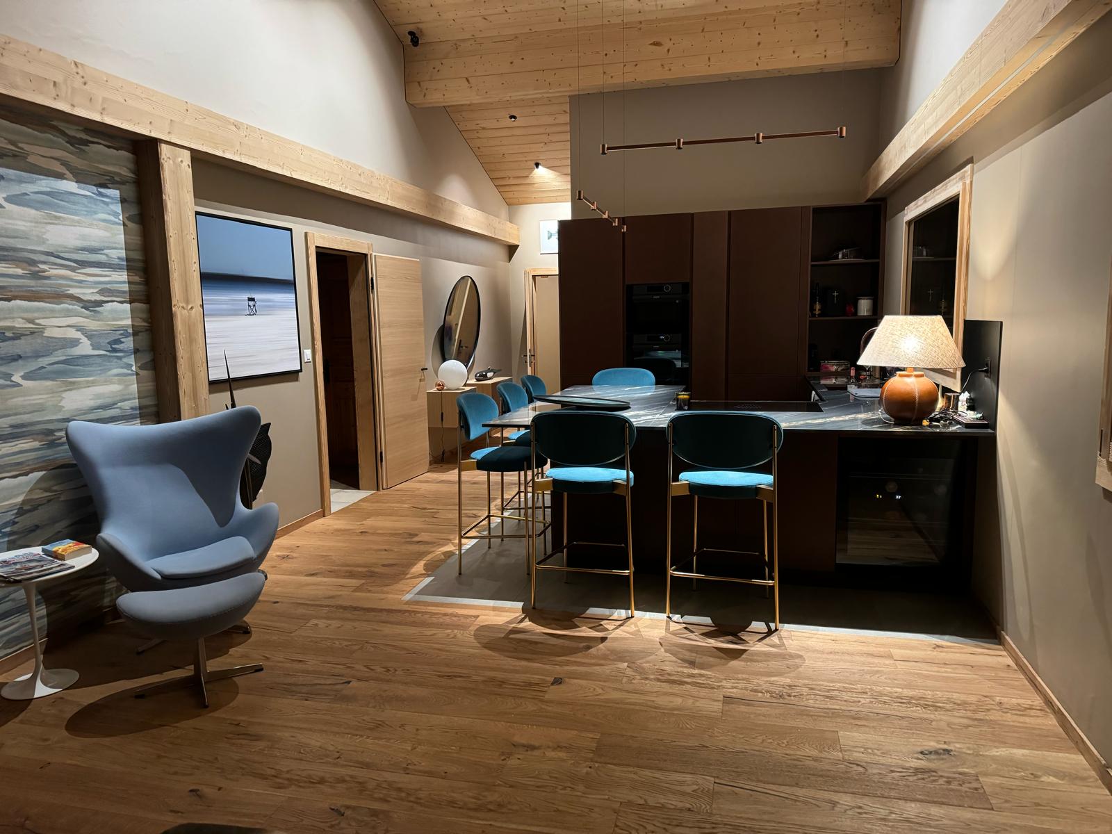 Wooden chalet kitchen and living area